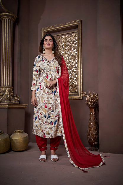 Red Handwork Kurta Set with Pant & Dupatta