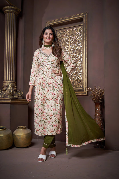 Green Handwork Kurta Set with Pant & Dupatta