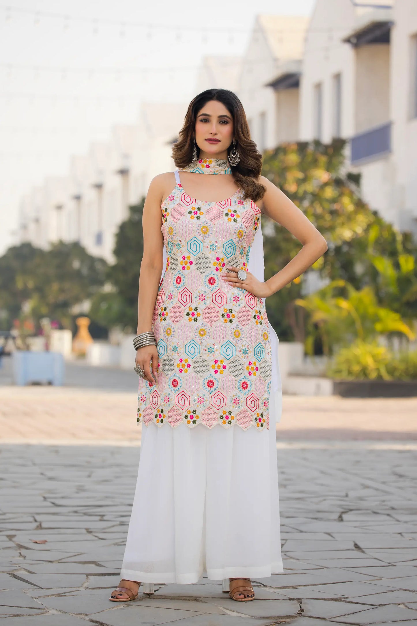 White Chinon Sequence Embroidery Work Salwar Suit