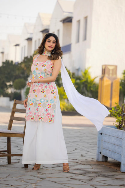 White Chinon Sequence Embroidery Work Salwar Suit