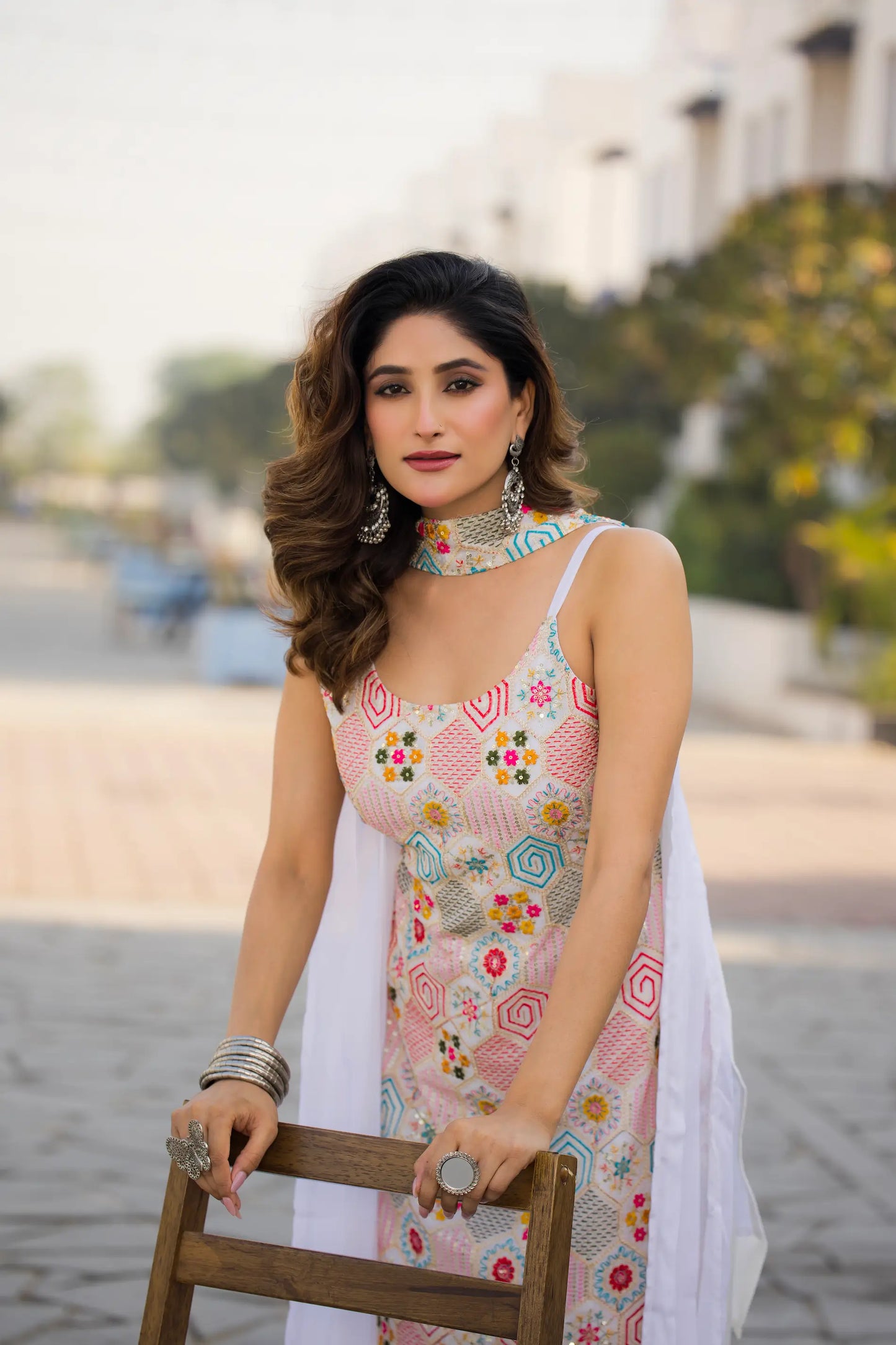 White Chinon Sequence Embroidery Work Salwar Suit