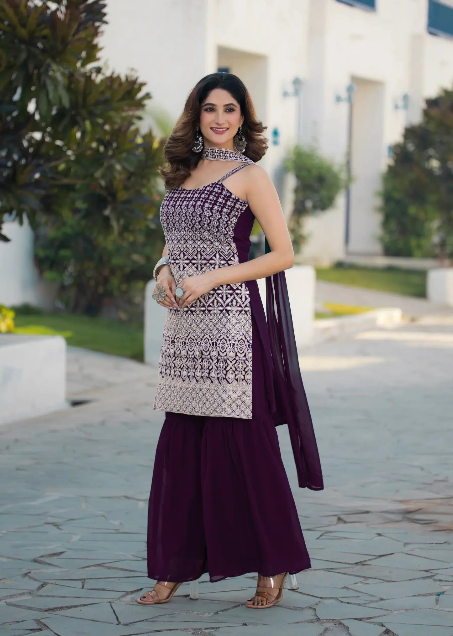 Wine Georgette Sequence Embroidery Work Salwar Suit