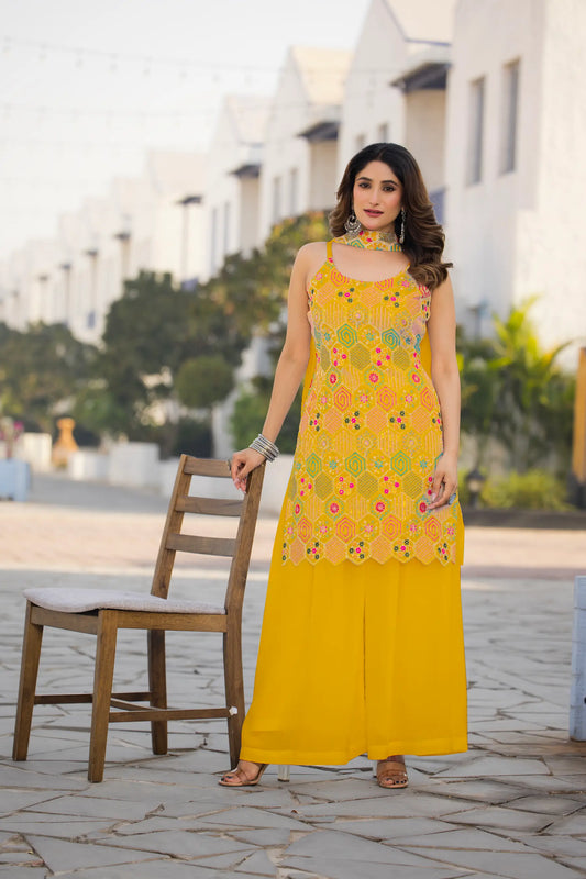 Yellow Chinon Sequence Embroidery Work Salwar Suit