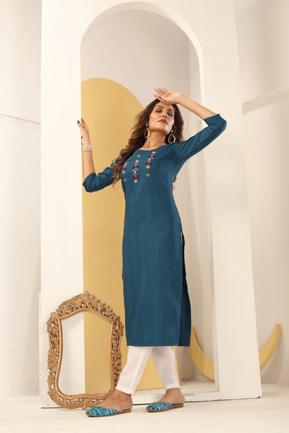 Cyan Blue Straight Kurta Set with Handmade Embroidery