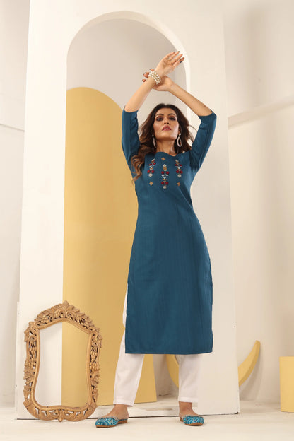 Cyan Blue Straight Kurta Set with Handmade Embroidery