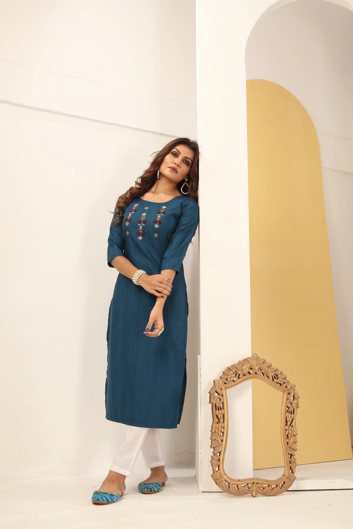 Cyan Blue Straight Kurta Set with Handmade Embroidery