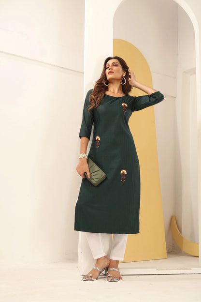 Green Silk Straight Kurta Set with Handmade Embroidery