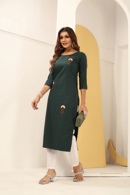 Green Silk Straight Kurta Set with Handmade Embroidery