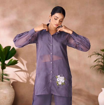 Purplish Grey Pure Organza Hand Work Designer Co-Ord Set