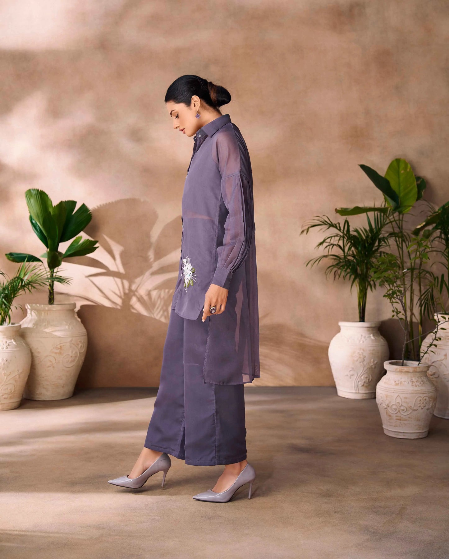 Purplish Grey Pure Organza Hand Work Designer Co-Ord Set