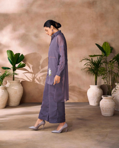 Purplish Grey Pure Organza Hand Work Designer Co-Ord Set