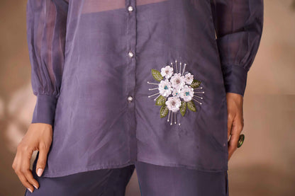 Purplish Grey Pure Organza Hand Work Designer Co-Ord Set