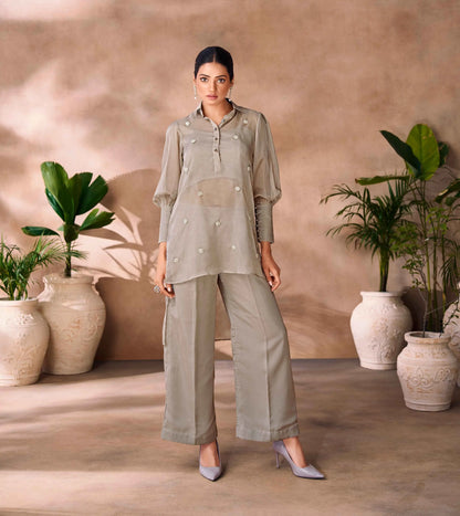 Greyish Beige Pure Organza Hand Work Designer Co-Ord Set
