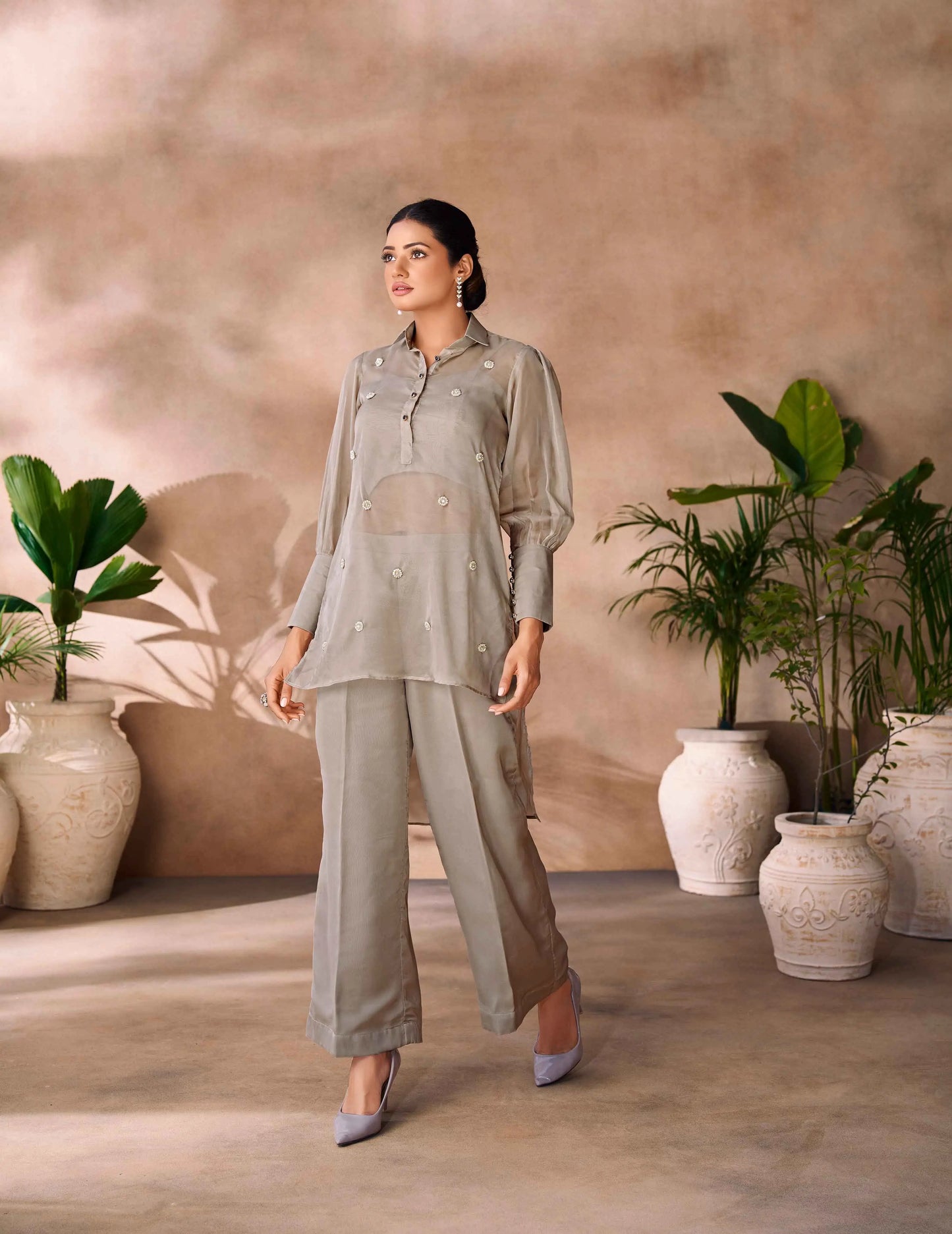 Greyish Beige Pure Organza Hand Work Designer Co-Ord Set