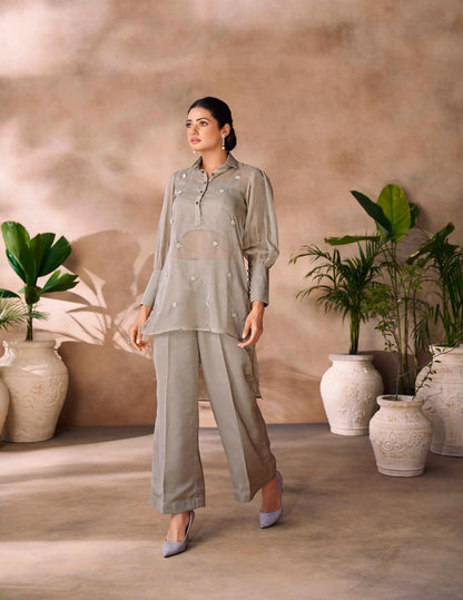 Greyish Beige Pure Organza Hand Work Designer Co-Ord Set