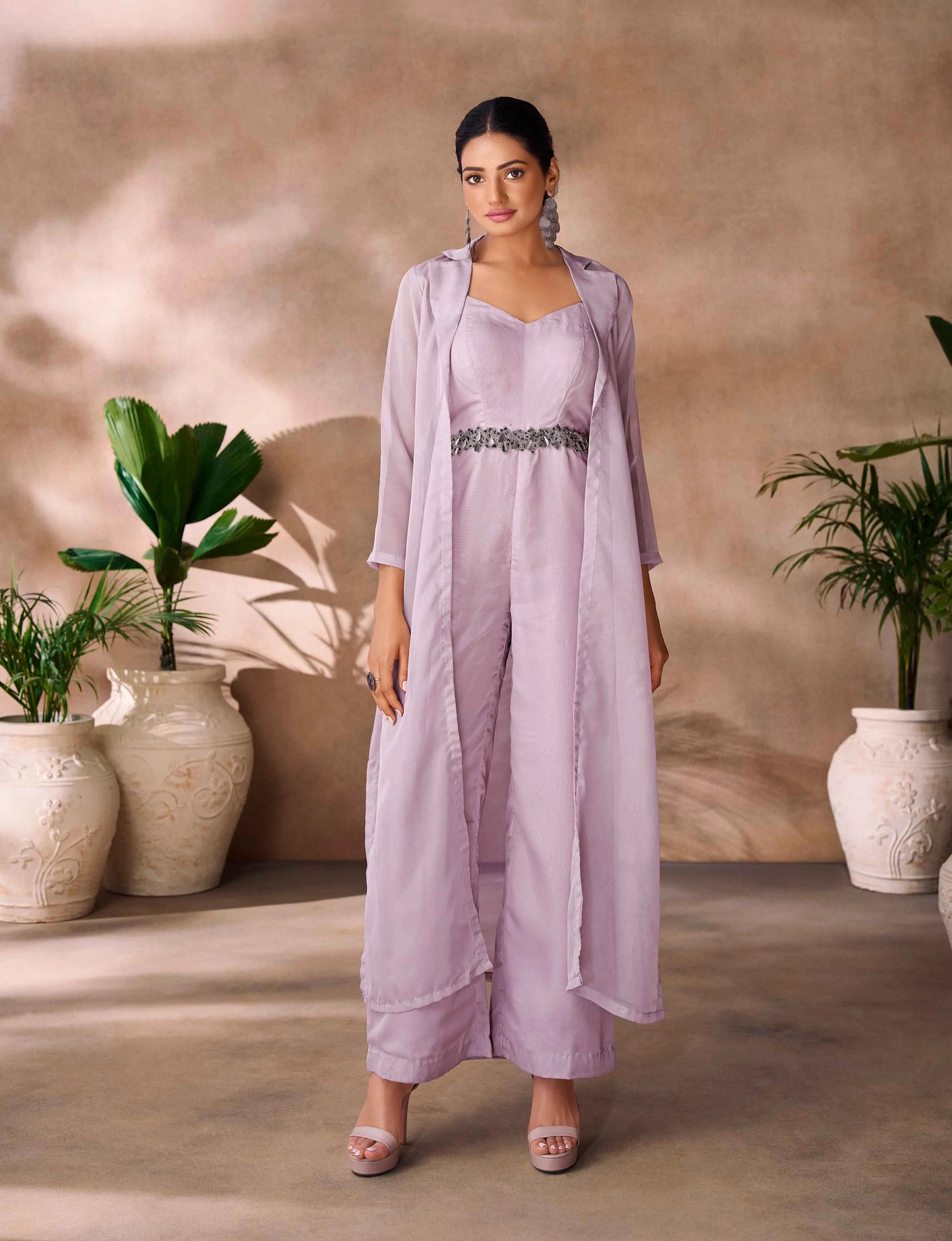 Most Trendy Lavender Hand Work Organza Indo Western Jumpsuit