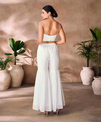 Wonderful White Indo Western Hand Work Blouse With Sharara And Cap