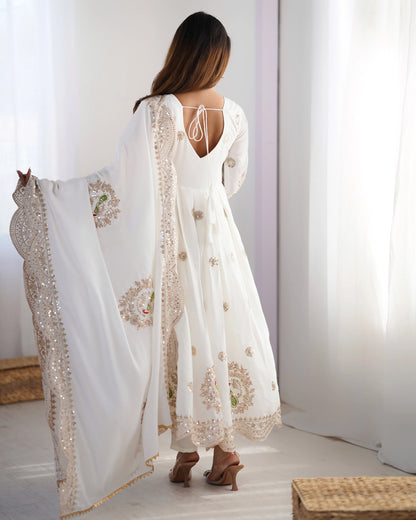 White Embroidery Design Work Gown With Dupatta