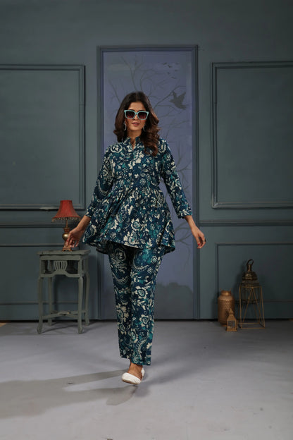 Bluish Cyan Floral Print Co-ord Set