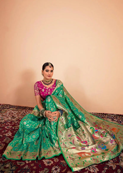 Green Paithani Silk Saree with Zari Border & Rich Pallu