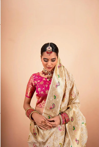 Beige Paithani Silk Saree with Zari Border & Rich Pallu