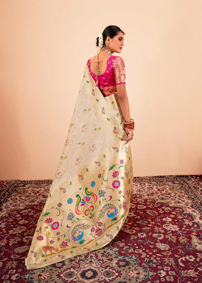 Beige Paithani Silk Saree with Zari Border & Rich Pallu