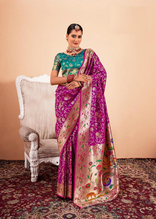 Rani Pink Paithani Silk Saree with Zari Border & Rich Pallu
