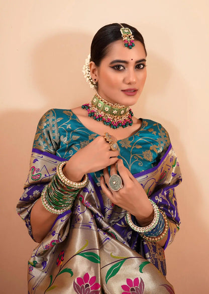 Dark Purple Paithani Silk Saree with Zari Border & Rich Pallu
