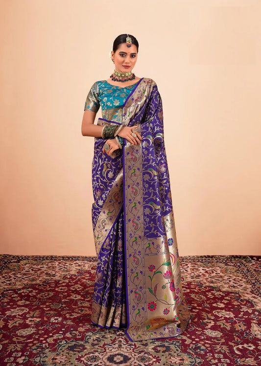 Dark Purple Paithani Silk Saree with Zari Border & Rich Pallu