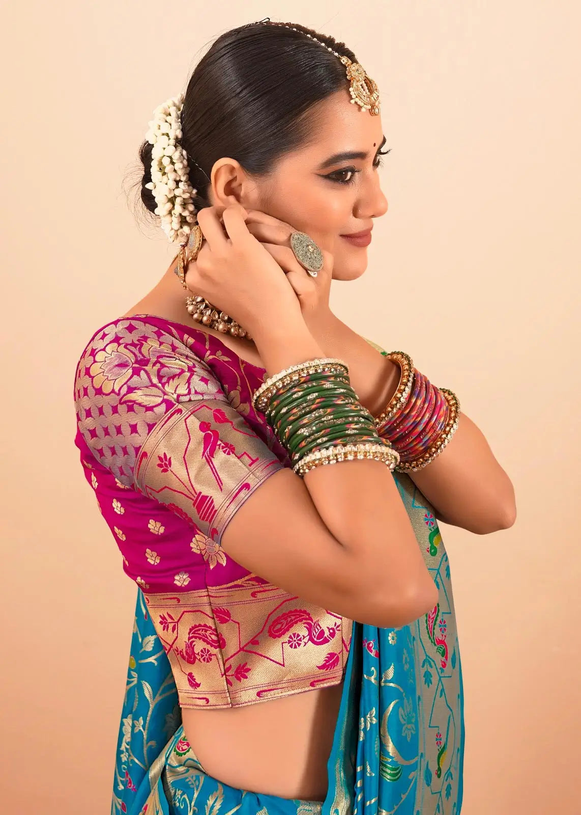 Teal Blue  Paithani Silk Saree with Zari Border & Rich Pallu