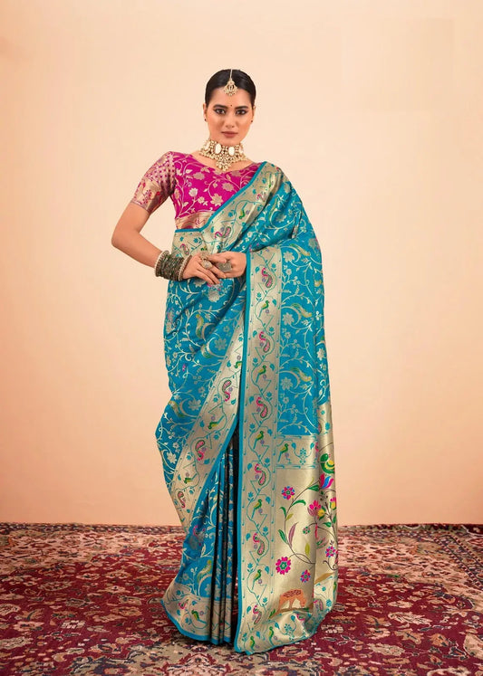 Teal Blue  Paithani Silk Saree with Zari Border & Rich Pallu