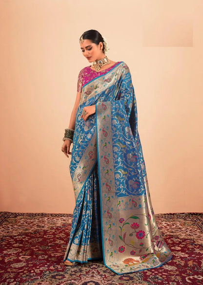 Blue Paithani Silk Saree with Zari Border & Rich Pallu