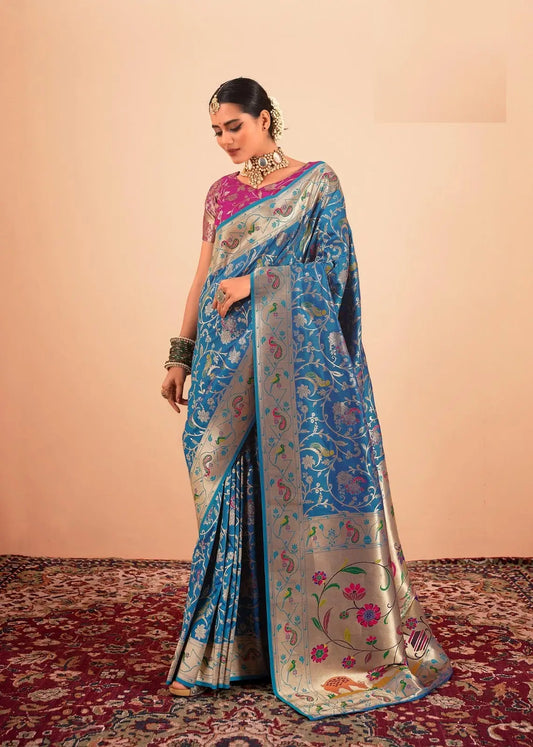 Blue Paithani Silk Saree with Zari Border & Rich Pallu