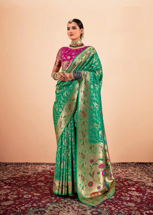 Green Paithani Silk Saree with Zari Border & Rich Pallu