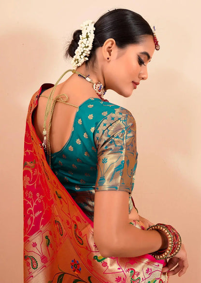 Red Paithani Silk Saree with Zari Border & Rich Pallu