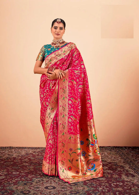 Red Paithani Silk Saree with Zari Border & Rich Pallu