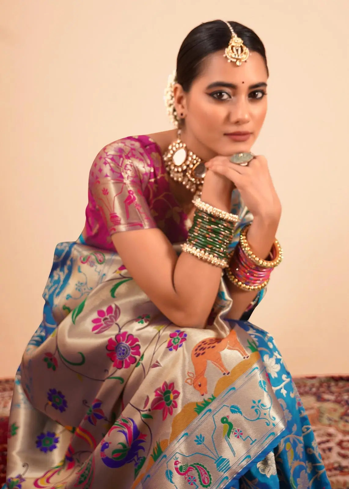 Blue Paithani Silk Saree with Zari Border & Rich Pallu