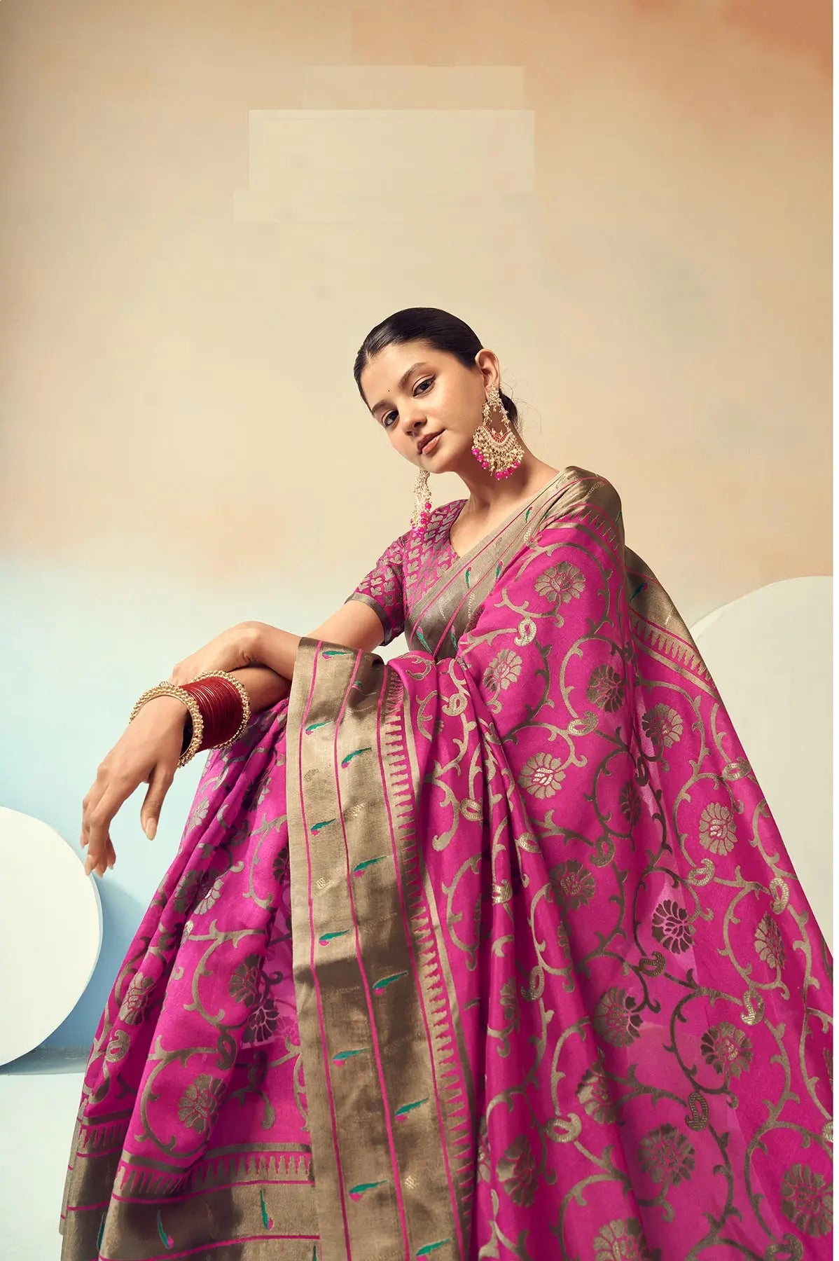 Pink  Burnout Georgette Saree with Traditional Design