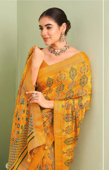 Yellow Burnout Georgette Saree with Traditional Design
