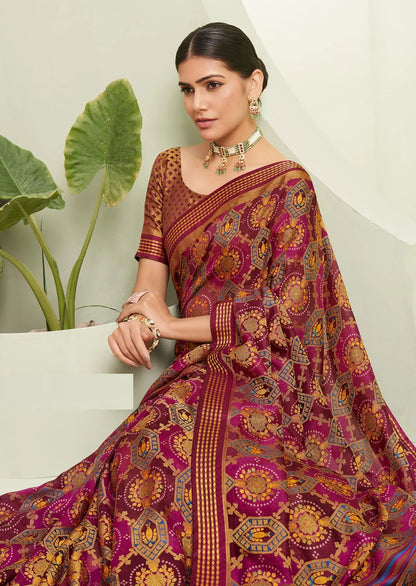 Maroon Burnout Georgette Saree with Traditional Design
