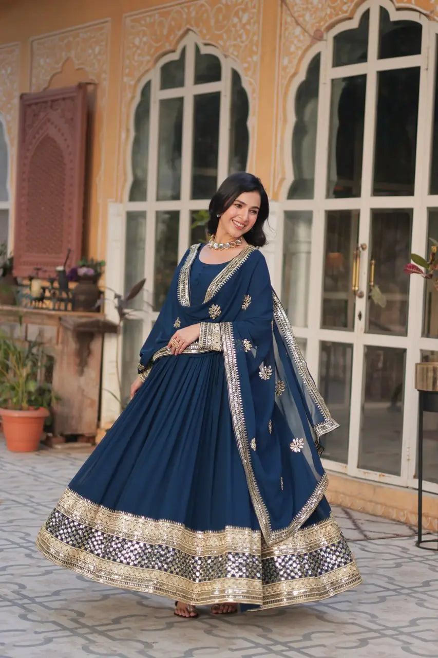 Tealish Blue Designer Gown With Sequins Embroidery work With Dupatta