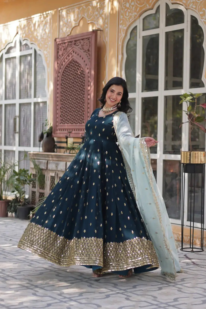 Grayish Blue Designer Gown With Sequins Embroidery Work With Dupatta