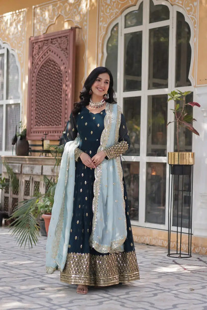 Grayish Blue Designer Gown With Sequins Embroidery Work With Dupatta