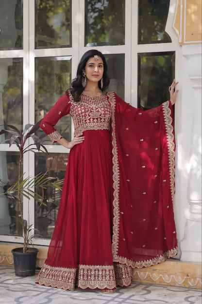 Falu Red Georgette Gown Embroidery Work With Dupatta