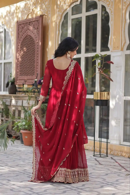 Falu Red Georgette Gown Embroidery Work With Dupatta