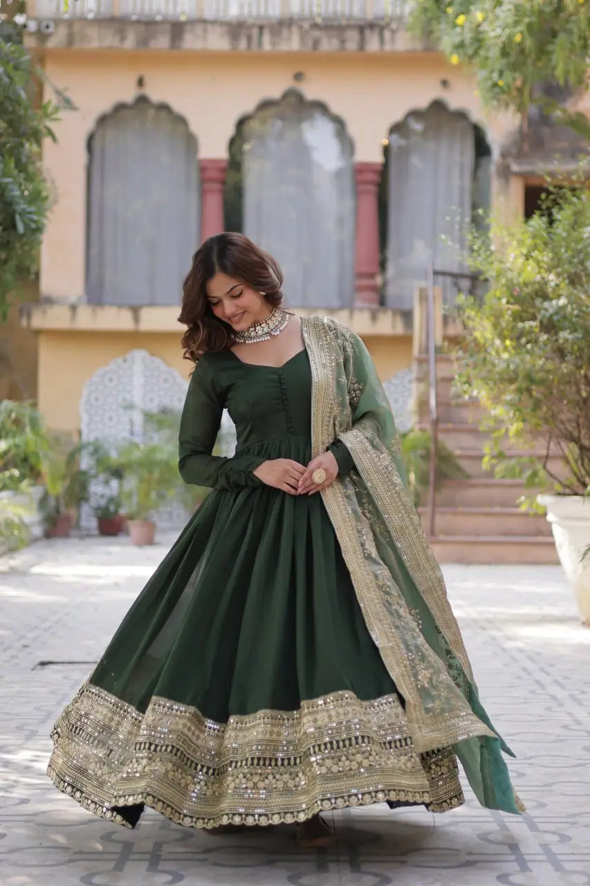 Olive Green Shimmer Vichitra Rich Sequins Embroidered Gown With Heavy Dupatta