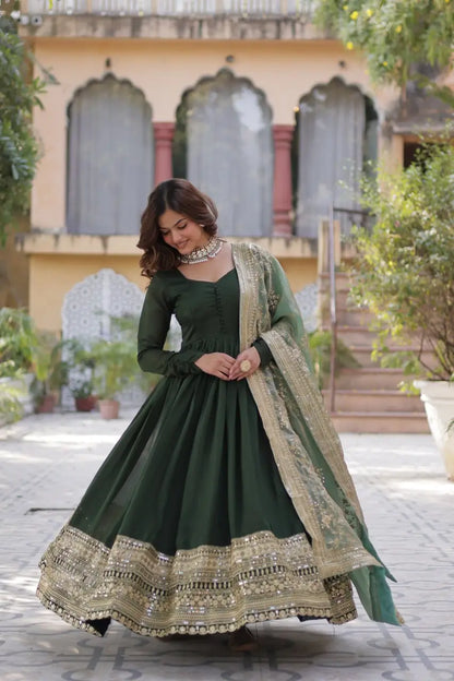 Olive Green Shimmer Vichitra Rich Sequins Embroidered Gown With Heavy Dupatta
