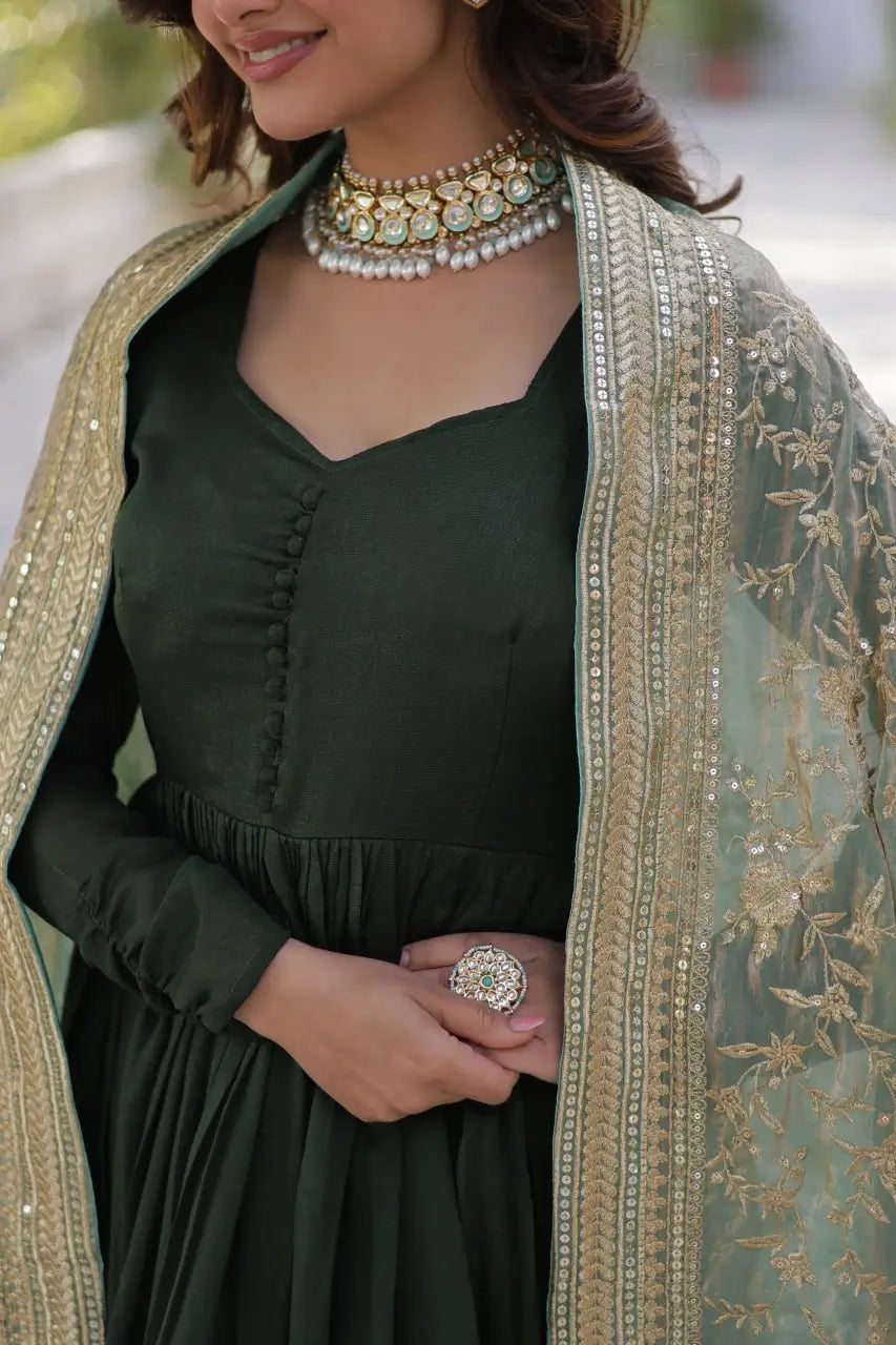 Olive Green Shimmer Vichitra Rich Sequins Embroidered Gown With Heavy Dupatta