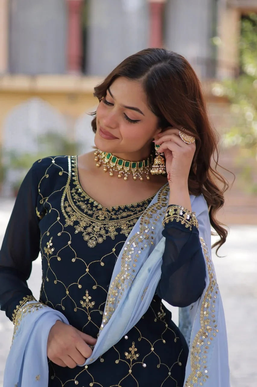 Teal Blue Sequins Embroidery Work Kurti Palazzo Suit With Contras Dupatta