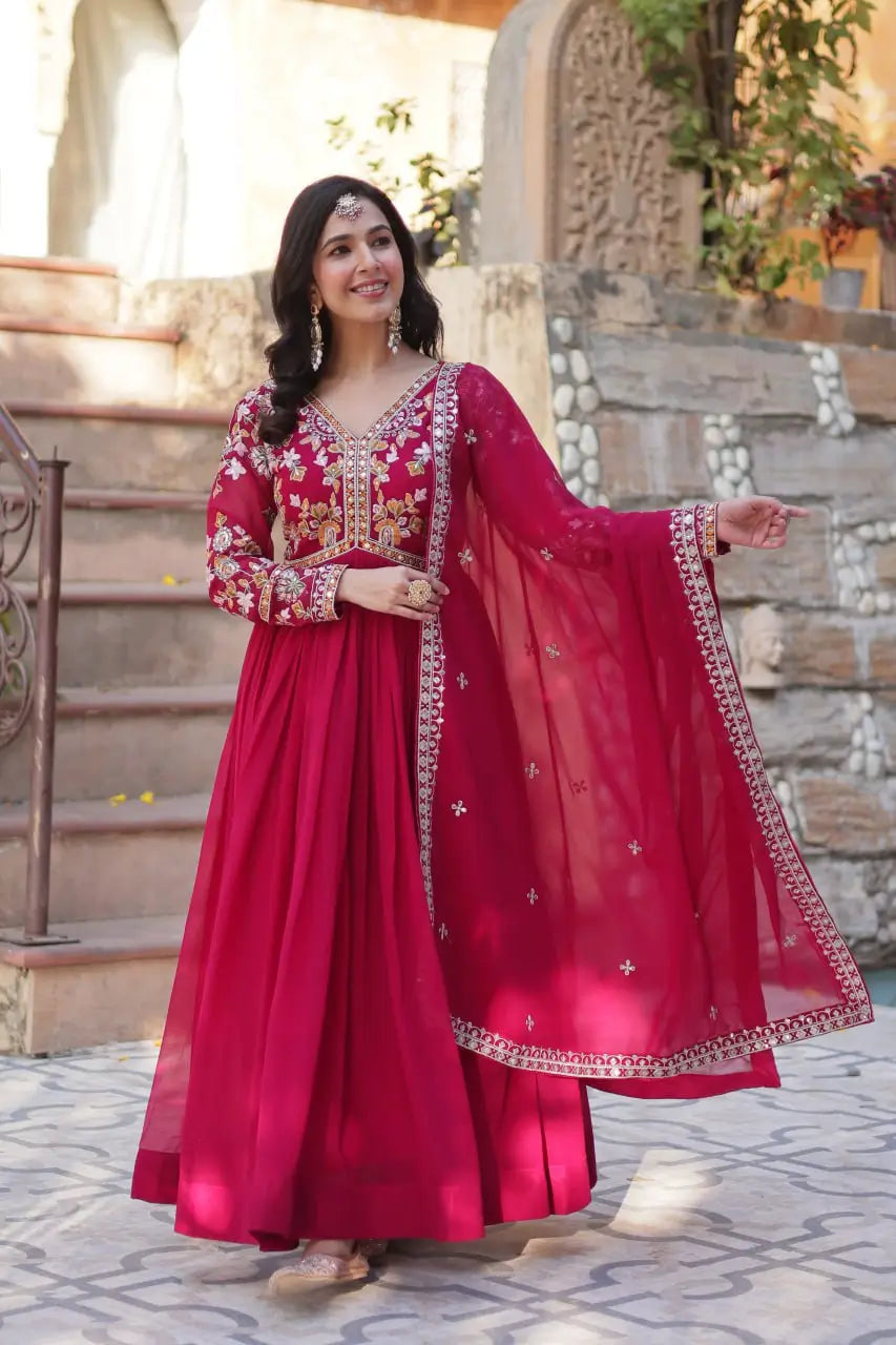 Rose Red Beautiful Thread Sequins Embroidery Work Gown And Dupatta